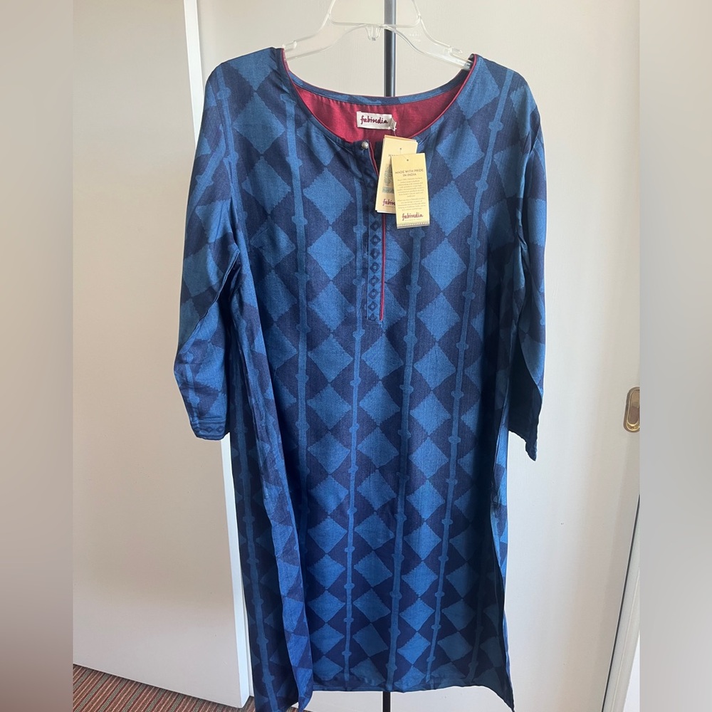NWT Fabindia long Kurta dress silk blend hand block print Cobalt royal blue L